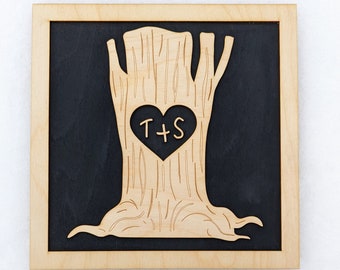 Initial Tree Wood Sign - Laser Cut Wood Sign with Heart and Initials - Anniversary or Wedding Gift