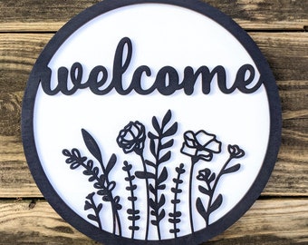 Round Welcome Sign with Wildflowers Digital Download, SVG and other file types for Laser Cutting