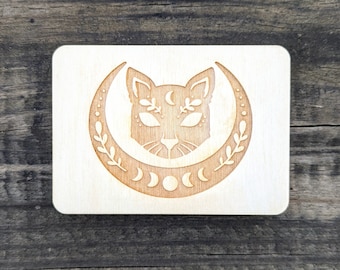 Wooden Needle Case, Laser Engraved Mythical Cat Magnetic Needle Minder