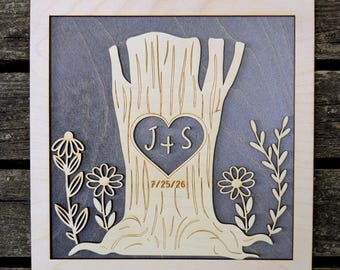 Initial Tree Wood Sign - Laser Cut Wood Sign with Heart and Initials - Anniversary or Wedding Gift