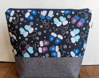 Tall Zipper Bag - Knitting Project Bag with Mittens and Snowflakes