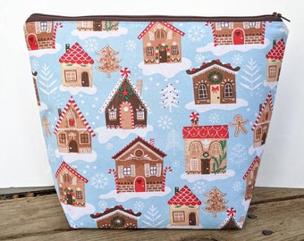 Tall Zipper Bag - Knitting Project Bag with Gingerbread Houses