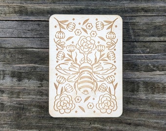 Wooden Needle Case, Laser Engraved Bee and Wildflower Magnetic Needle Minder