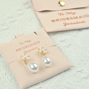 Bridesmaid Pearl Earrings, Custom Vouch, Timeless Bridal Pearl Earrings with Custom Velvet Pouch  Wedding Party