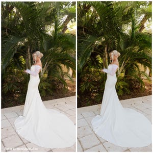 K&ouml;nnte beinhalten: Ein Vorher-Nachher-Vergleich eines Fotos. Das Bild zeigt eine Frau in einem wei&szlig;en schulterfreien Brautkleid mit langer Schleppe vor &uuml;ppigem gr&uuml;nem Laub. Der Text "Before" und "After" ist sichtbar.