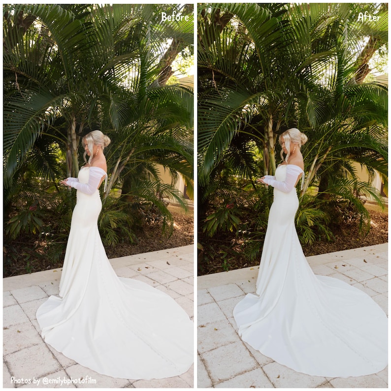 K&ouml;nnte beinhalten: Ein Vorher-Nachher-Vergleich eines Fotos. Das Bild zeigt eine Frau in einem wei&szlig;en schulterfreien Brautkleid mit langer Schleppe vor &uuml;ppigem gr&uuml;nem Laub. Der Text "Before" und "After" ist sichtbar.