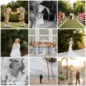 K&ouml;nnte beinhalten: Eine Sammlung von Hochzeitsfotos mit Zeremonien und Empf&auml;ngen im Freien. Die Bilder zeigen eine Braut in einem wei&szlig;en Kleid, Brautjungfern in verschiedenen blauen Kleidern und dekorative Blumengestecke. Die Szenen spielen an tropischen Orten.