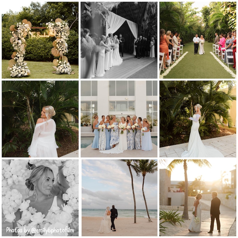 K&ouml;nnte beinhalten: Eine Sammlung von Hochzeitsfotos mit Zeremonien und Empf&auml;ngen im Freien. Die Bilder zeigen eine Braut in einem wei&szlig;en Kleid, Brautjungfern in verschiedenen blauen Kleidern und dekorative Blumengestecke. Die Szenen spielen an tropischen Orten.