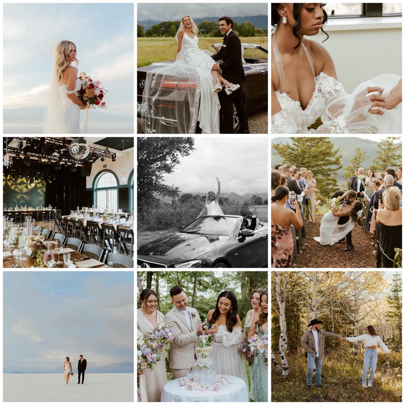 K&ouml;nnte beinhalten: Eine Collage von Hochzeitsfotos mit einer Braut in einem wei&szlig;en Kleid mit einem Blumenstrau&szlig;, einem Paar, das auf einem Auto posiert, einem Empfangssaal und einem sich umarmenden Paar. Weitere Bilder zeigen ein Paar, das auf einer Salzebene spaziert, und einen Champagnerturm.