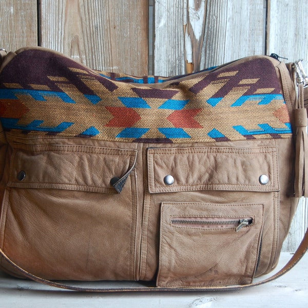 Aztec Navajo Brown Leather Tundra laptop overnight bag