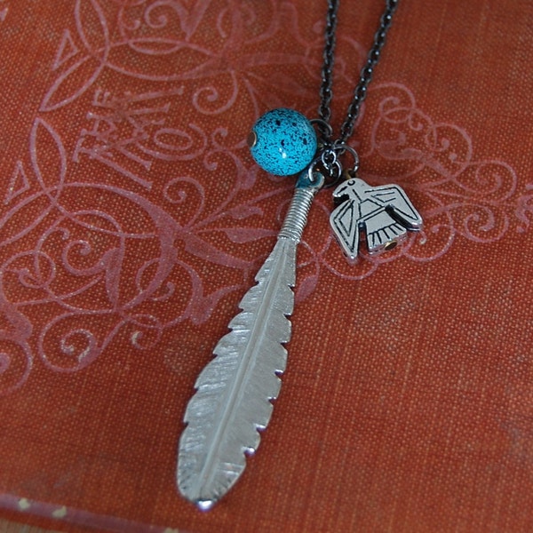 feather, eagle and turquoise necklace