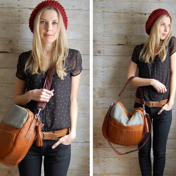 Camel brown leather handbag - Medium Tundra in reclaimed brown leather and mens suiting material