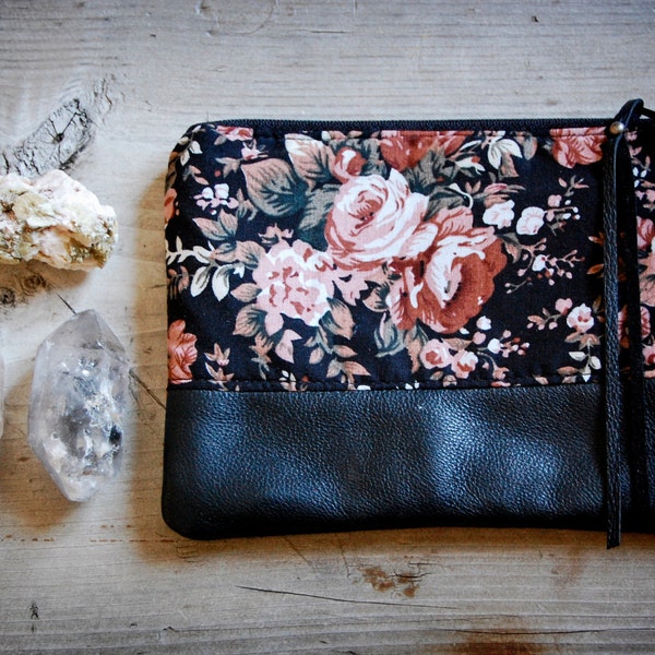 Blossom Pouch - floral fabric and black leather