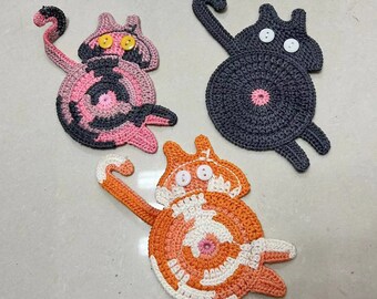 Handmade Cat Coasters, Family Table Cat Coasters, Knitted Coasters, Gift, 1 Piece Cat Butt Coaster Set