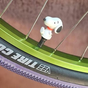 May include: A close-up of a bicycle wheel with a green rim and silver spokes. A white Snoopy valve cap with a red collar is attached to the tire valve. The tire is black with purple sidewalls.