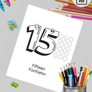 Printable language learning coloring book pages. Learn German; numbers 1-20 coloring book pages with English to German translations.