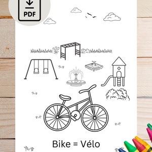 Printable language learning coloring book pages. Learn French; park activities coloring book pages with English to French translations.