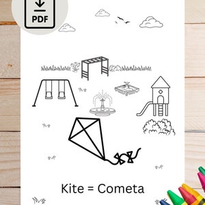 Printable language learning coloring book pages. Learn Spanish; park activities coloring book pages with English to Spanish translations.