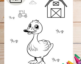 May include: A black and white coloring page featuring a duck, a barn, a tractor, and grass. The text "Duck = Canard" is at the bottom of the page.
