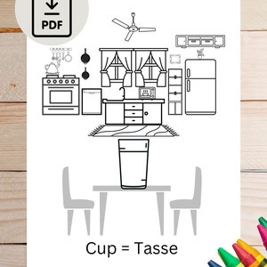 Printable language learning coloring book pages. Learn German; kitchen items coloring book pages with English to German translations.
