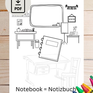 Printable language learning coloring book pages. Learn German; classroom items coloring book pages with English to German translations.