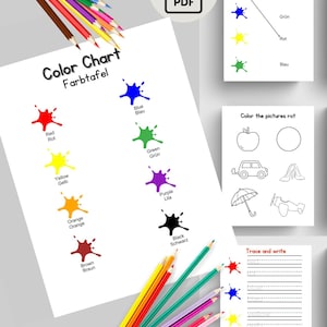 Printable language learning activity pages. Learn colors in German; activity and coloring pages with English to German translations.