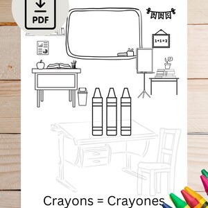 Printable language learning coloring book pages. Learn Spanish; classroom items coloring book pages with English to Spanish translations.
