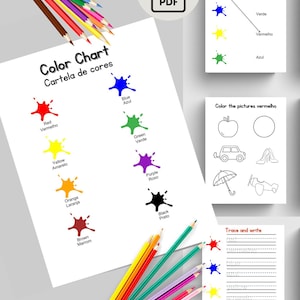 Printable language learning activity pages. Learn colors in Portuguese; activity and coloring pages with English to Portuguese translations.