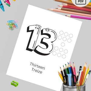 Printable language learning coloring book pages. Learn French; numbers 1-20 coloring book pages with English to French translations.