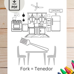 Printable language learning coloring book pages. Learn Spanish; kitchen items coloring book pages with English to Spanish translations.