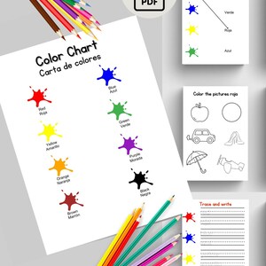 Printable language learning activity pages. Learn colors in Spanish; activity and coloring pages with English to Spanish translations.