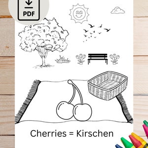 Printable language learning coloring book pages. Learn German; fruits coloring book pages with English to German translations.