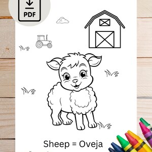 Printable language learning coloring book pages. Learn Spanish; farm animals coloring book pages with English to Spanish translations.