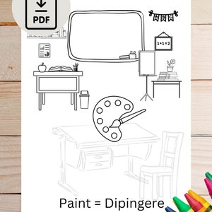 Printable language learning coloring book pages. Learn Italian; classroom items coloring book pages with English to Italian translations.