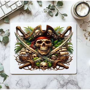 May include: A white mouse pad with a colorful illustration of a pirate skull wearing a hat and holding crossed swords. The skull is surrounded by green leaves and a ship's wheel.