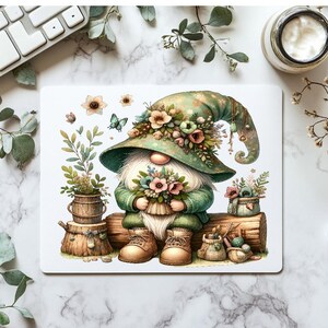 May include: A green gnome with a floral crown sits on a log holding a bouquet of flowers. The gnome is wearing a green hat with a bell and a green and white outfit. The gnome is surrounded by plants and flowers.