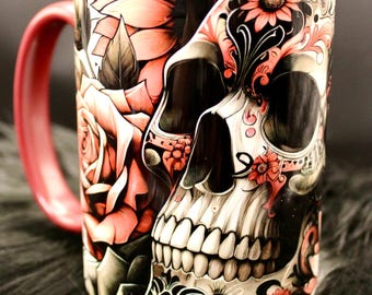Mug biseauté 15 oz / Rose Skull (intérieur bordeaux)