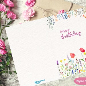 Printable Digital Birthday Card With Flowers, Floral Birthday Card ...