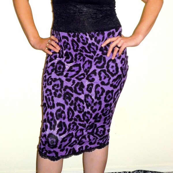 High Waist Purple Leopard Black Pencil Skirt Rockabilly