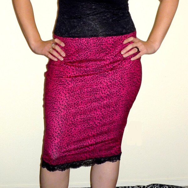 High Waist Fuchsia Hot Pink Leopard Black Pencil Skirt Rockabilly Sale