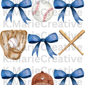 May include: A set of baseball-themed digital clipart images. The set includes a baseball, a baseball glove, a baseball cap, two crossed baseball bats, and three blue watercolor bows.
