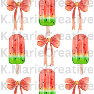 May include: Nine watercolour illustrations of watermelon popsicles and red bows. The popsicles are red and green with black seeds. The bows are tied with long, flowing ribbons.