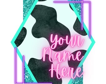 Logotipo comercial personalizado com estampa de vaca roxa neon com glitter rosa azul-petróleo