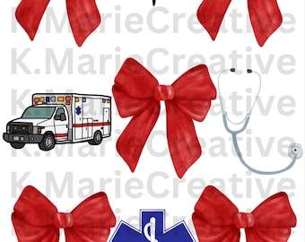 May include: A collection of medical-themed graphics, including red bows, an ambulance, a stethoscope, a medical symbol, and a heartbeat line. The graphics are in a watercolor style, with a white background.