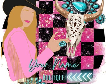 Cowgirl Boutique Logo | Pink Western Logo with Turquoise Skull & Fringe | Retro Western Branding for Small Business