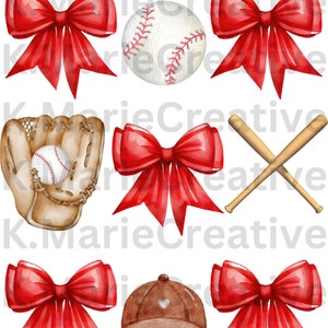 May include: A set of nine watercolor illustrations featuring baseball-themed imagery. The set includes a baseball, a baseball glove, two baseball bats, and five red bows.
