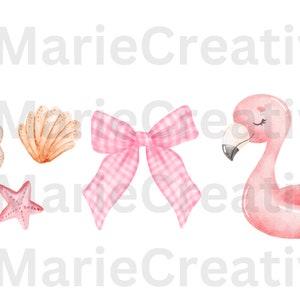 May include: A set of five watercolor illustrations featuring a pink and white gingham bow, a pink flamingo float, a pink starfish, and two seashells. The seashells are a light brown color with a pink and white interior.