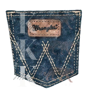 May include: A blue denim pocket with white stitching and a brown leather patch that says "Wrangler" in white lettering.