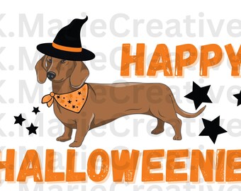 Black Orange Witch Happy Halloweenie wiener dog png SVG t-shirt design