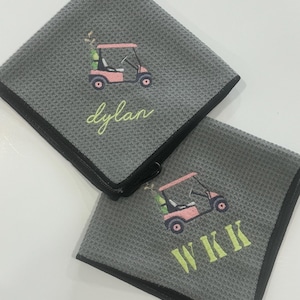 Custom Golf Towel, Personalized Embroidered Gray Sports Towel, Microfiber, Golf Accessories- Gift for Golfers w/ (Salmon) Pink Golf Cart
